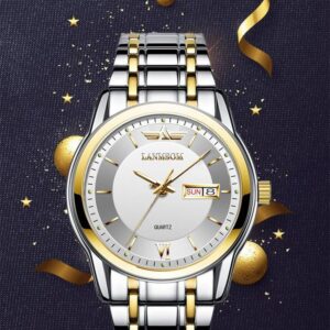 LANMSOM Montre D'affaires De Loisirs À Double Calendrier À Quartz Avec Bracelet En Acier